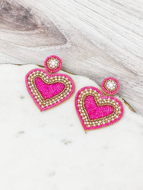 Rhinestone & Pearl Beaded Heart Dangle Earrings